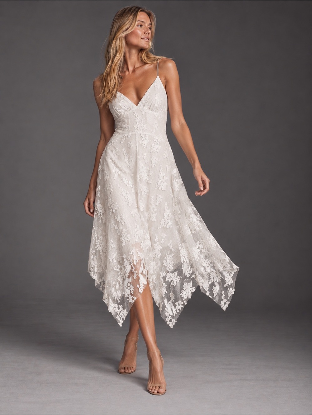 White Lace Spaghetti-Strap Midi Dress